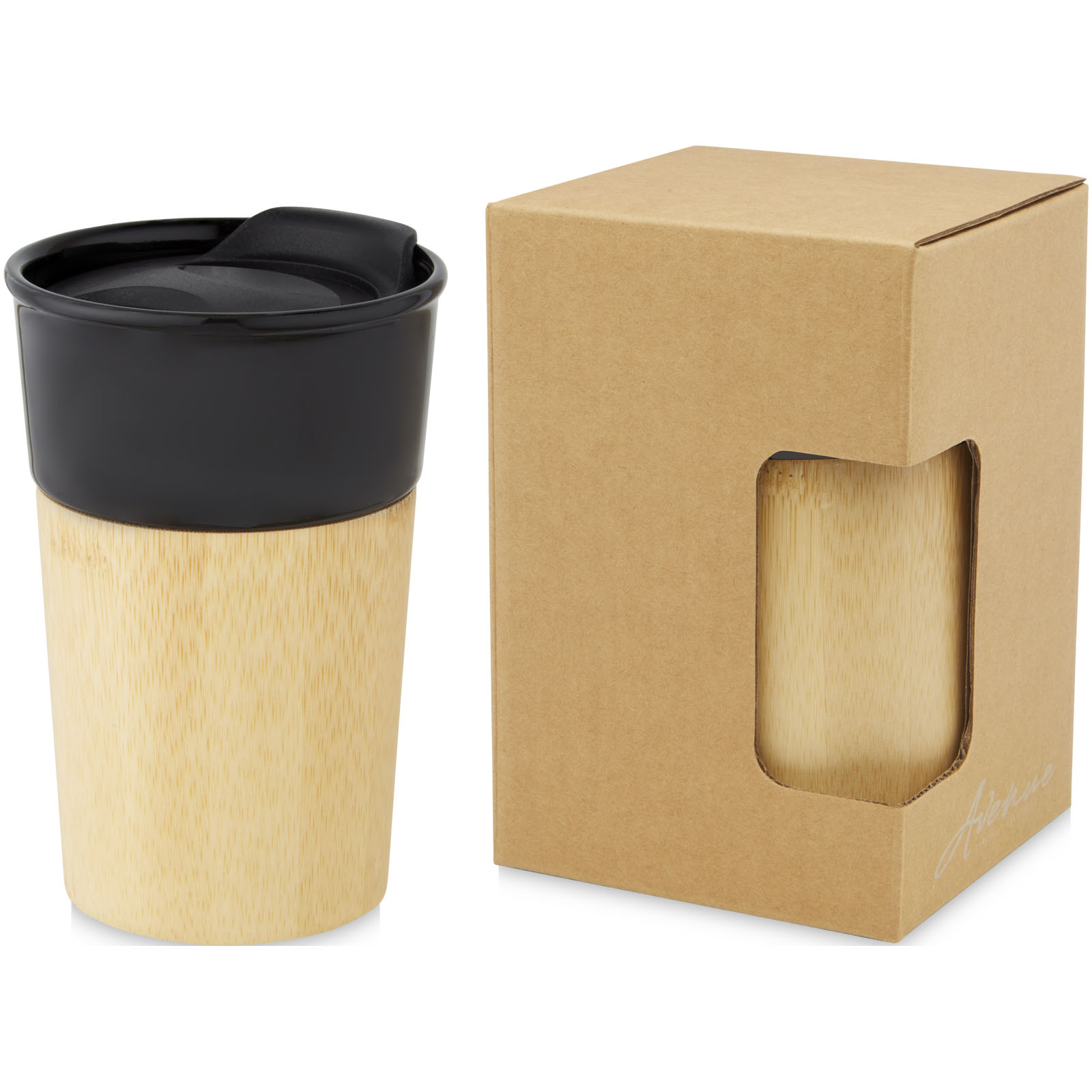 Mugs standard publicitaires - Tasse Pereira de 320 ml en porcelaine avec paroi extérieure en bambou - 0
