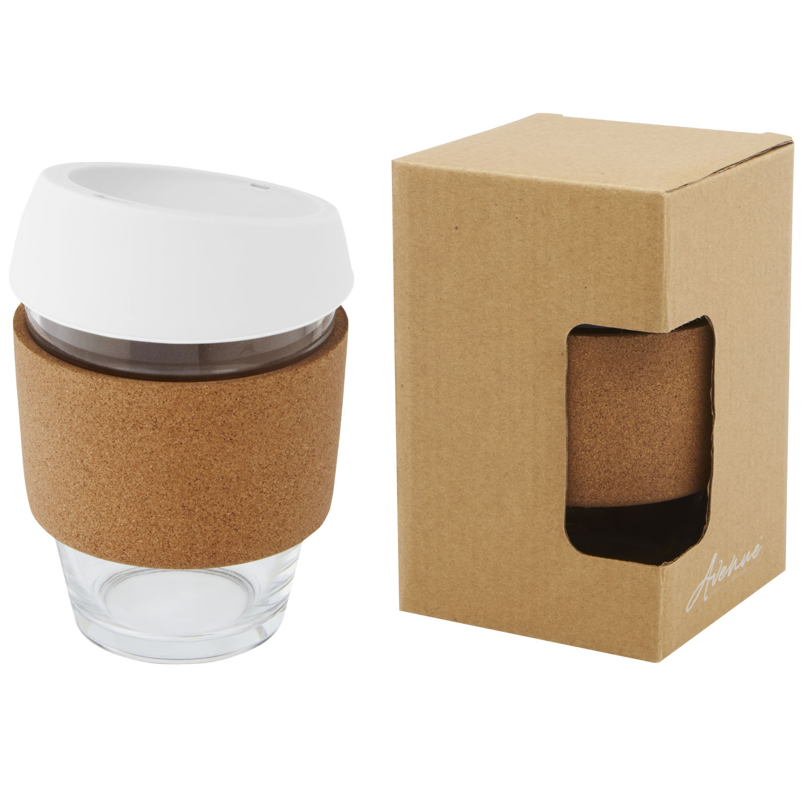 Mugs pour voyager publicitaires - Gobelet Lidan de 360 ml en verre borosilicate avec grip en liège et couvercle en silicone - 0