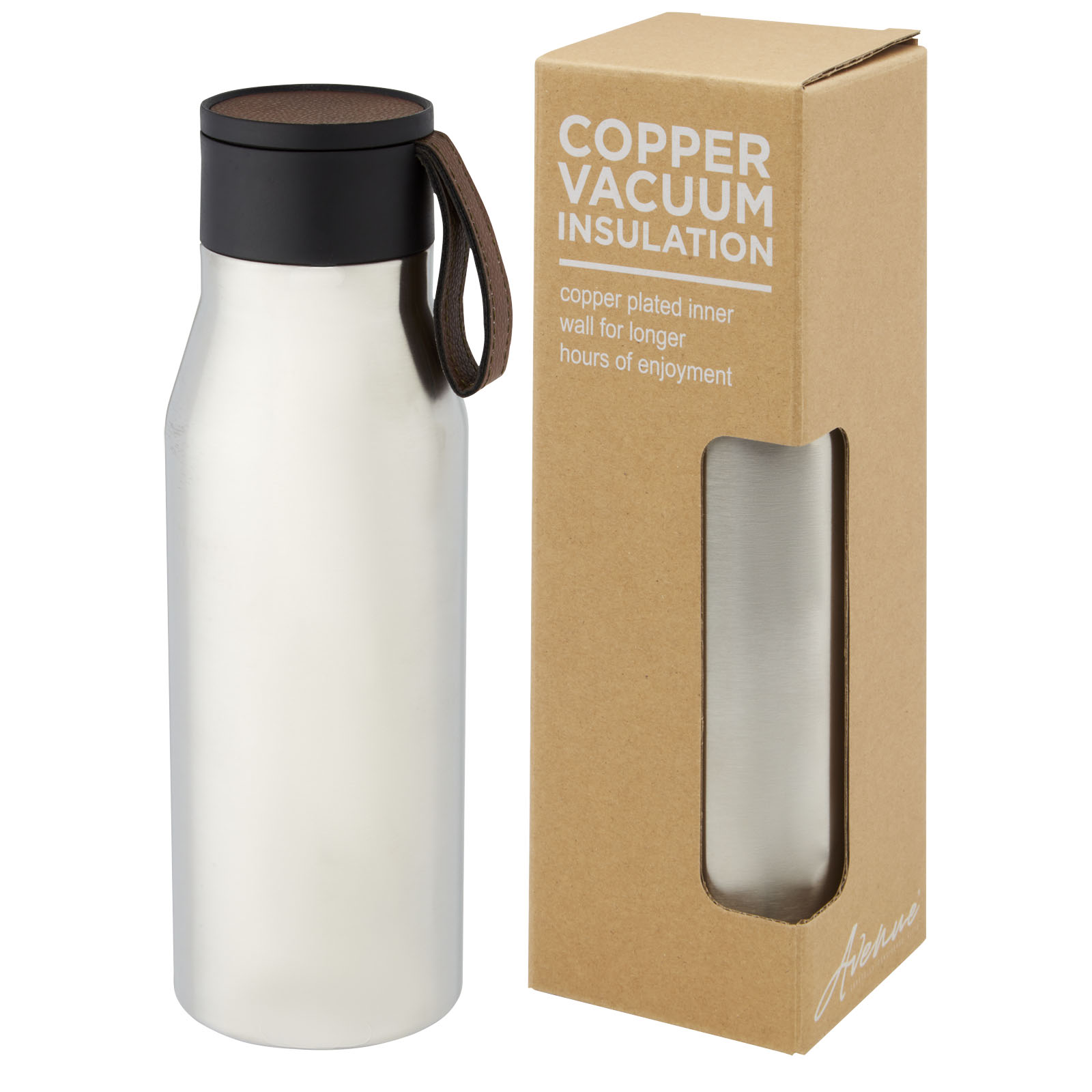 Advertising Insulated bottles - Ljungan 500 ml copper vacuum insulated stainless steel bottle with PU leather strap and lid - 0