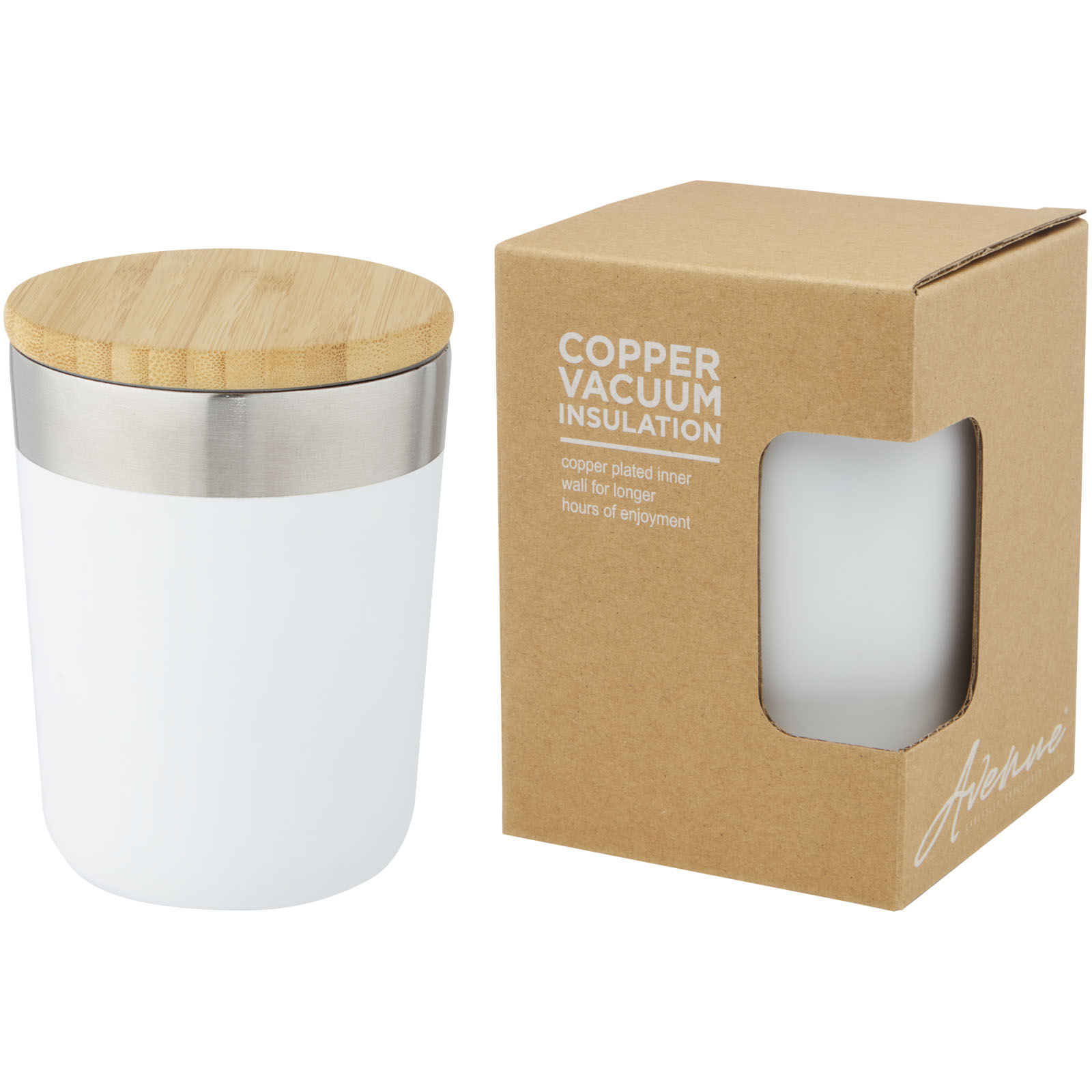 Drinkware - Gobelet Lagan de 300 ml en acier inoxydable avec isolation par le vide et couche de cuivre, avec couvercle en bambou