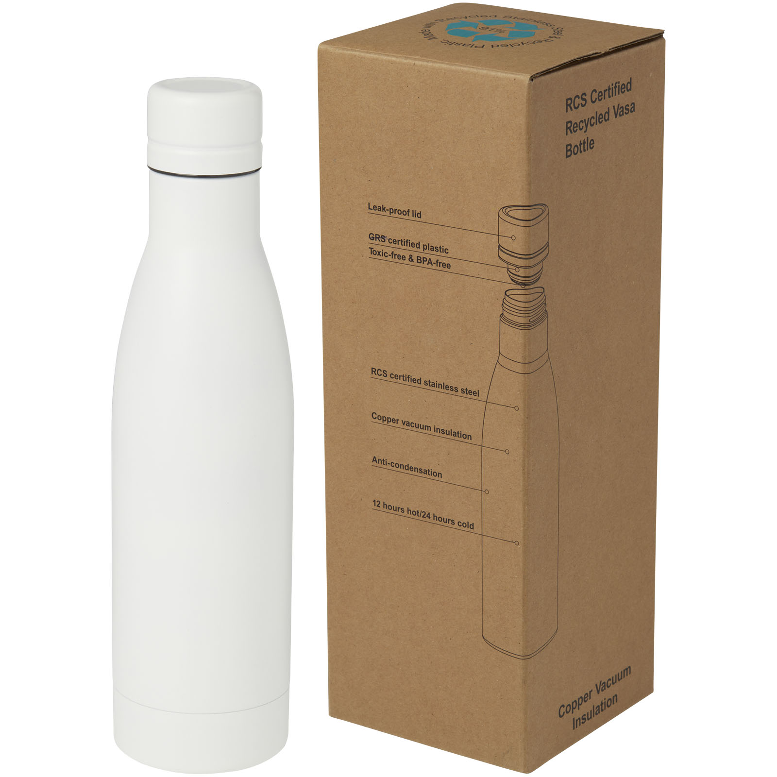 Drinkware - Bouteille isotherme Vasa en acier inoxydable recyclé certifié RCS de 500 ml avec isolation par le vide et couche de cuivre