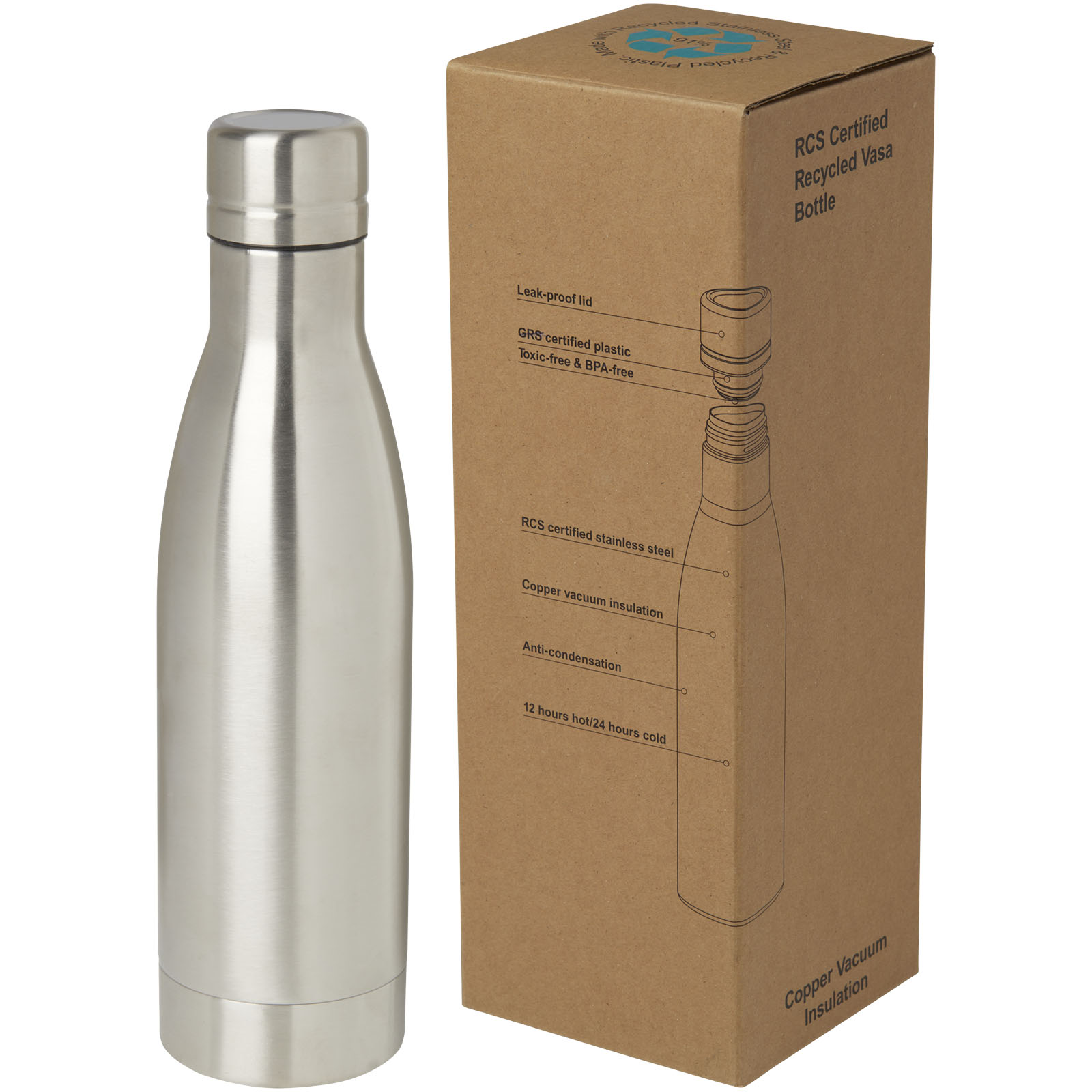 Bouteille isotherme Vasa en acier inoxydable recyclé certifié RCS de 500 ml avec isolation par le vide et couche de cuivre