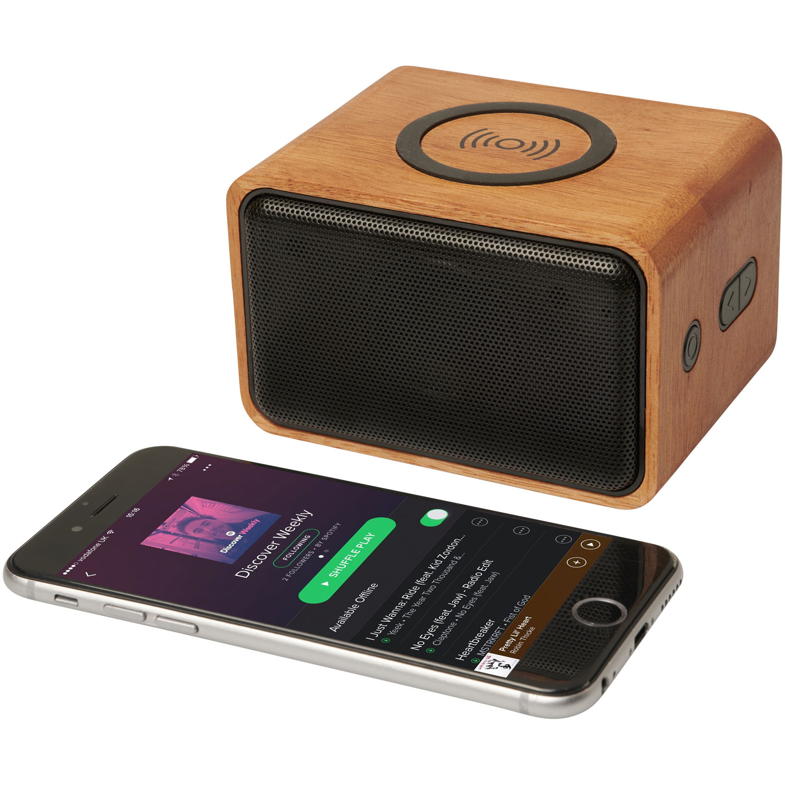 Chargeurs sans fil publicitaires - Enceinte Wooden avec chargeur à induction de 3 W - 6