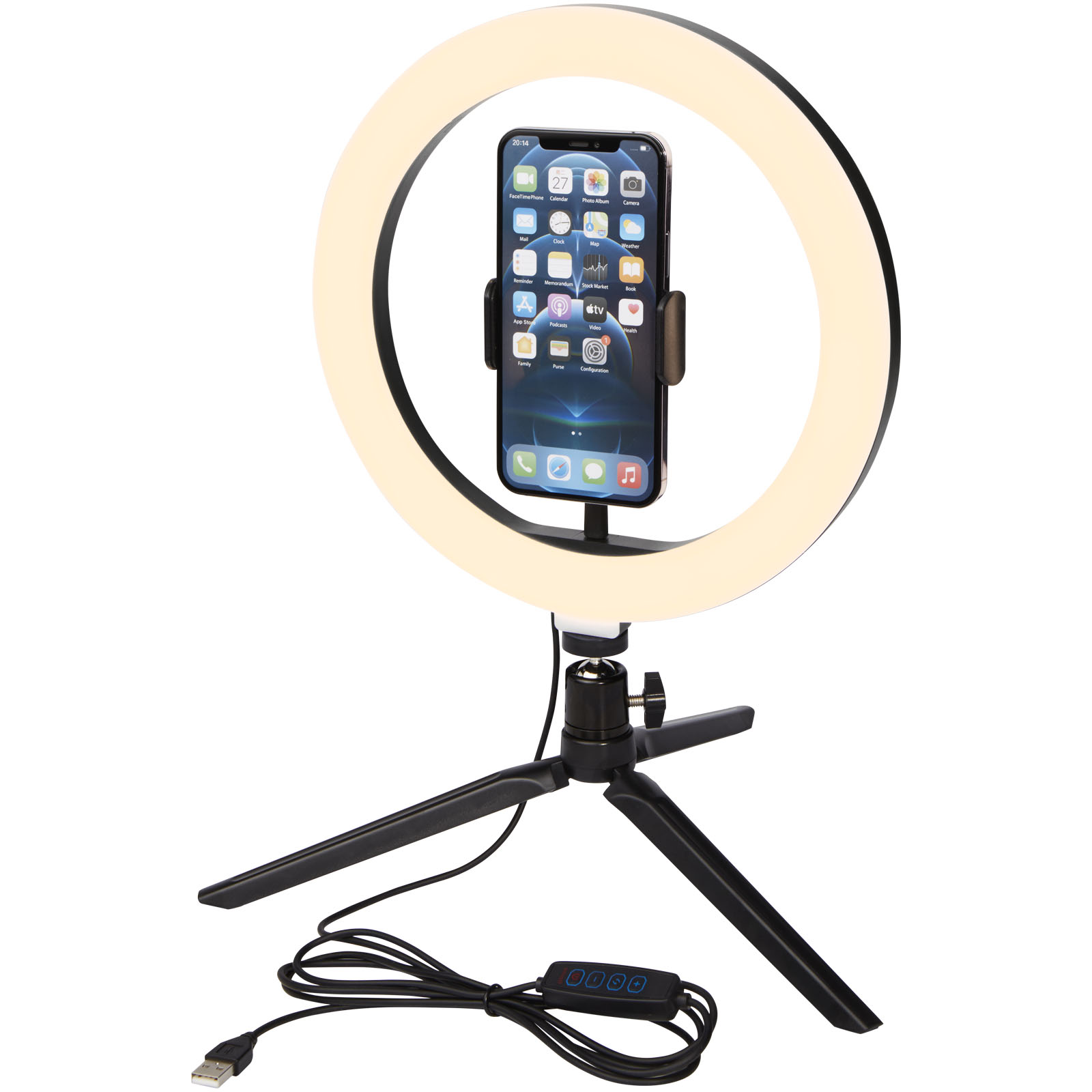 Accessoires pour téléphone et tablette publicitaires - Lampe anneau Studio pour selfies et vlogging avec support de téléphone et trépied - 0