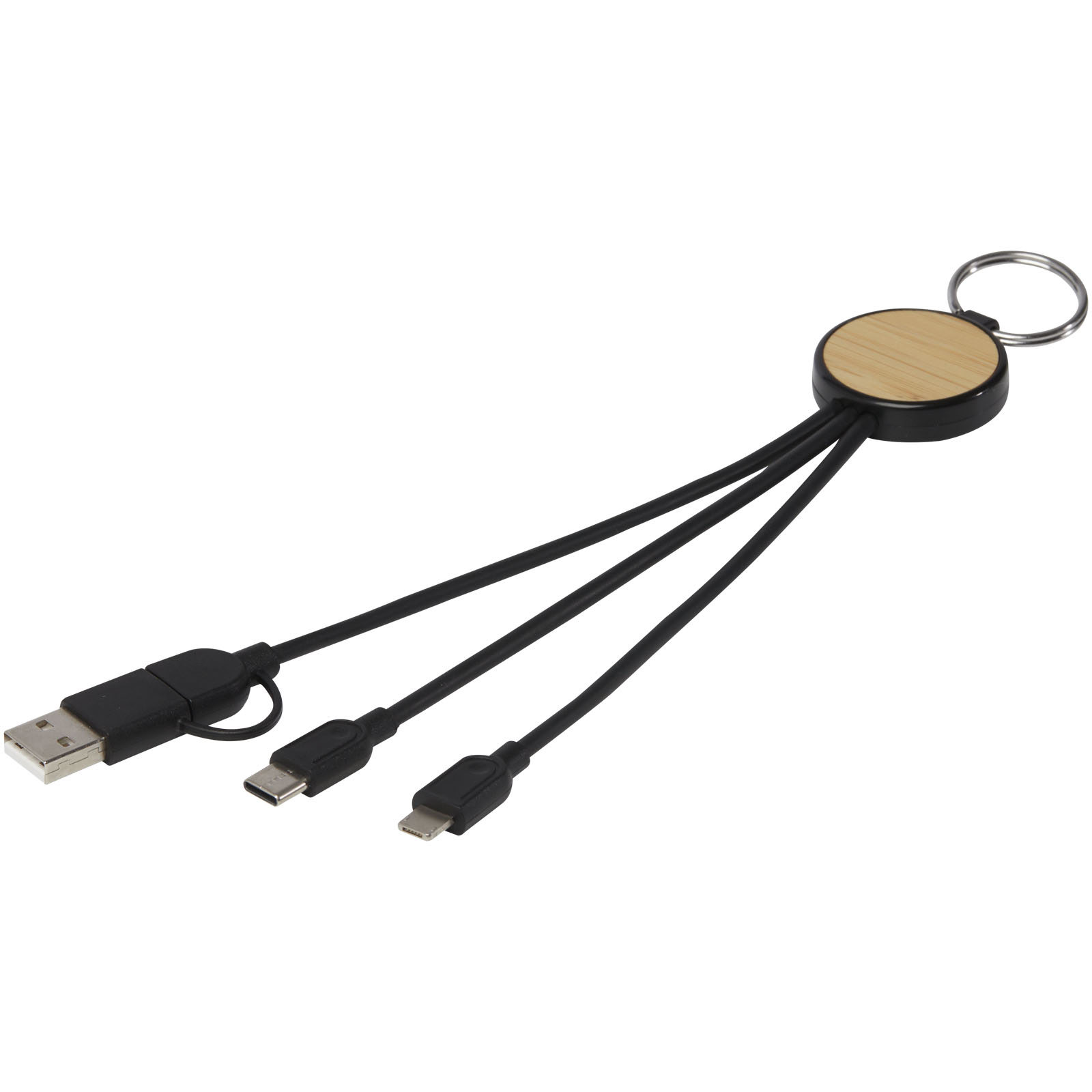 Advertising Cables - Tecta 6-in-1 recycled plastic/bamboo charging cable with keyring