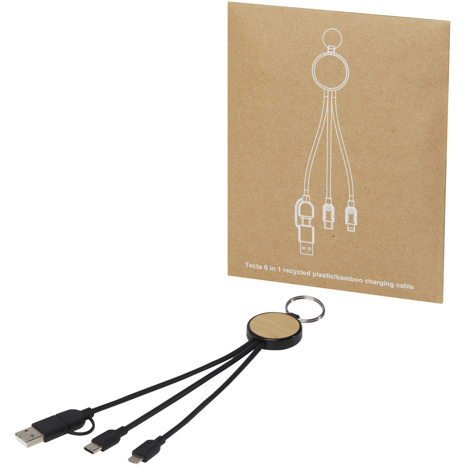 Advertising Cables - Tecta 6-in-1 recycled plastic/bamboo charging cable with keyring - 4