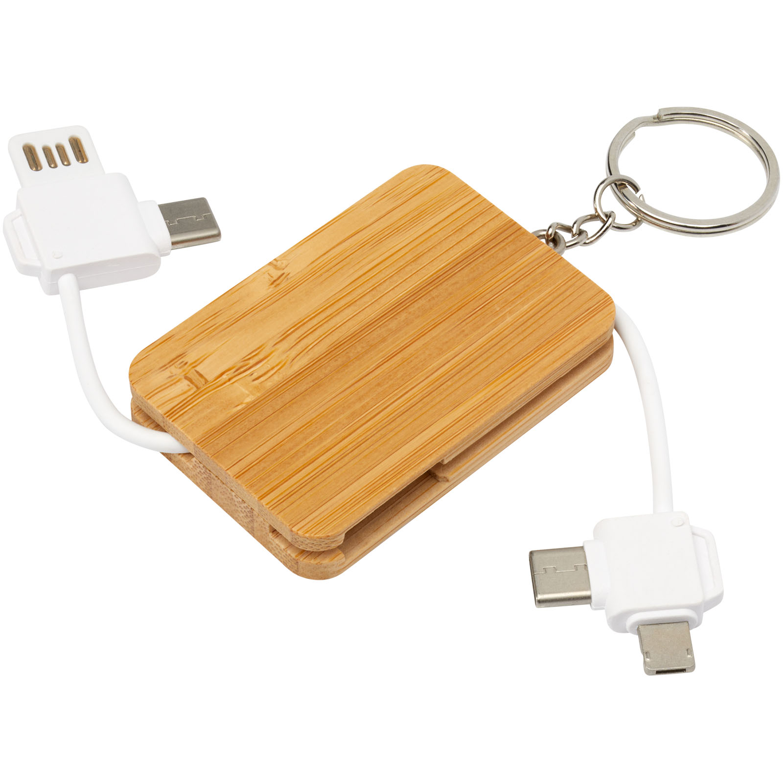 Advertising Cables - Reel 6-in-1 retractable bamboo key ring charging cable