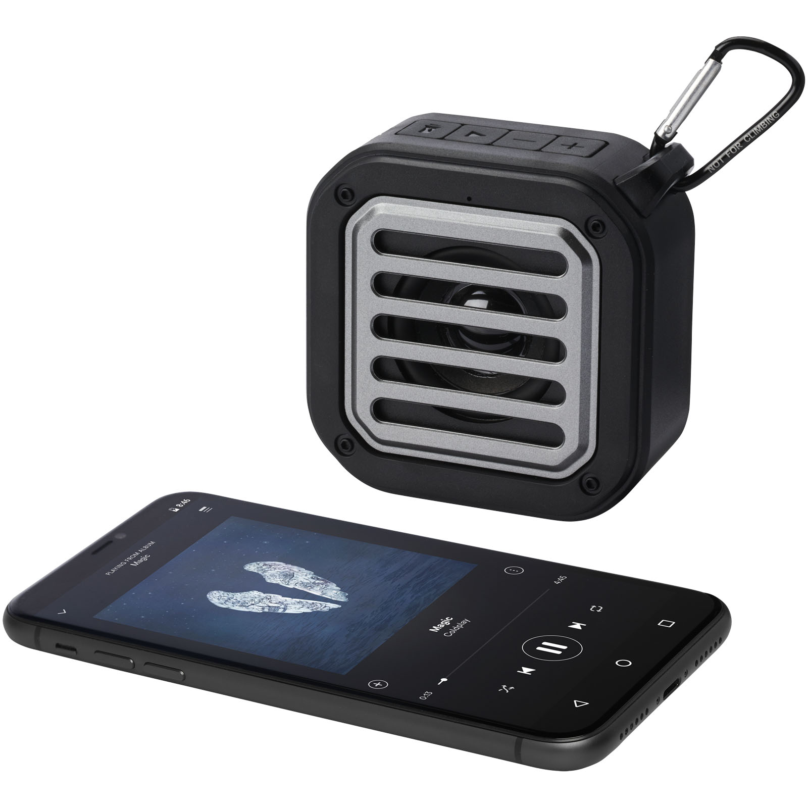 Advertising Speakers - Solo 3W IPX5 RCS recycled plastic solar Bluetooth® speaker with carabiner  - 4