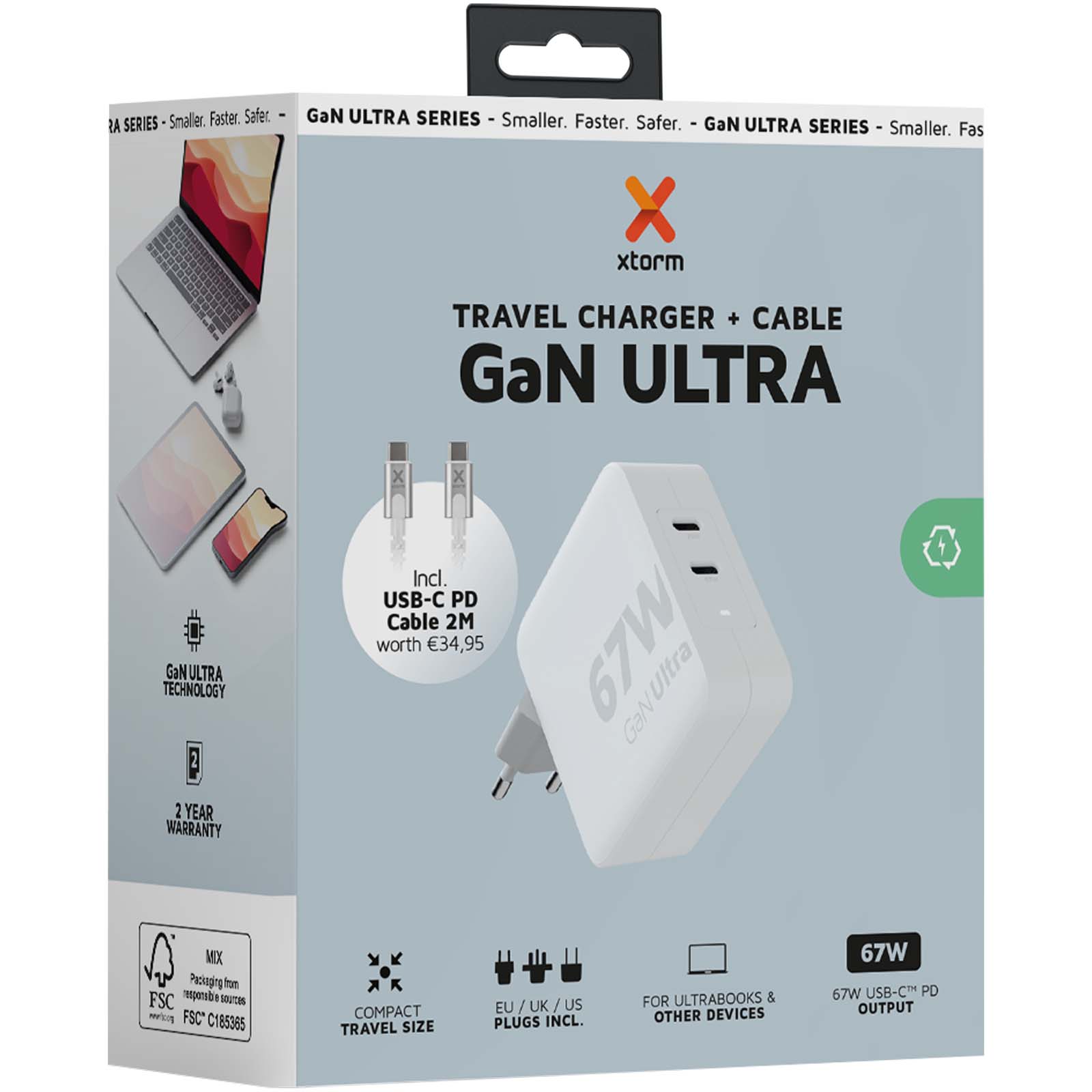 Chargeurs publicitaires - Chargeur de voyage Xtorm XVC2067 GaN Ultra de 67 W avec câble USB-C PD de 100 W - 1