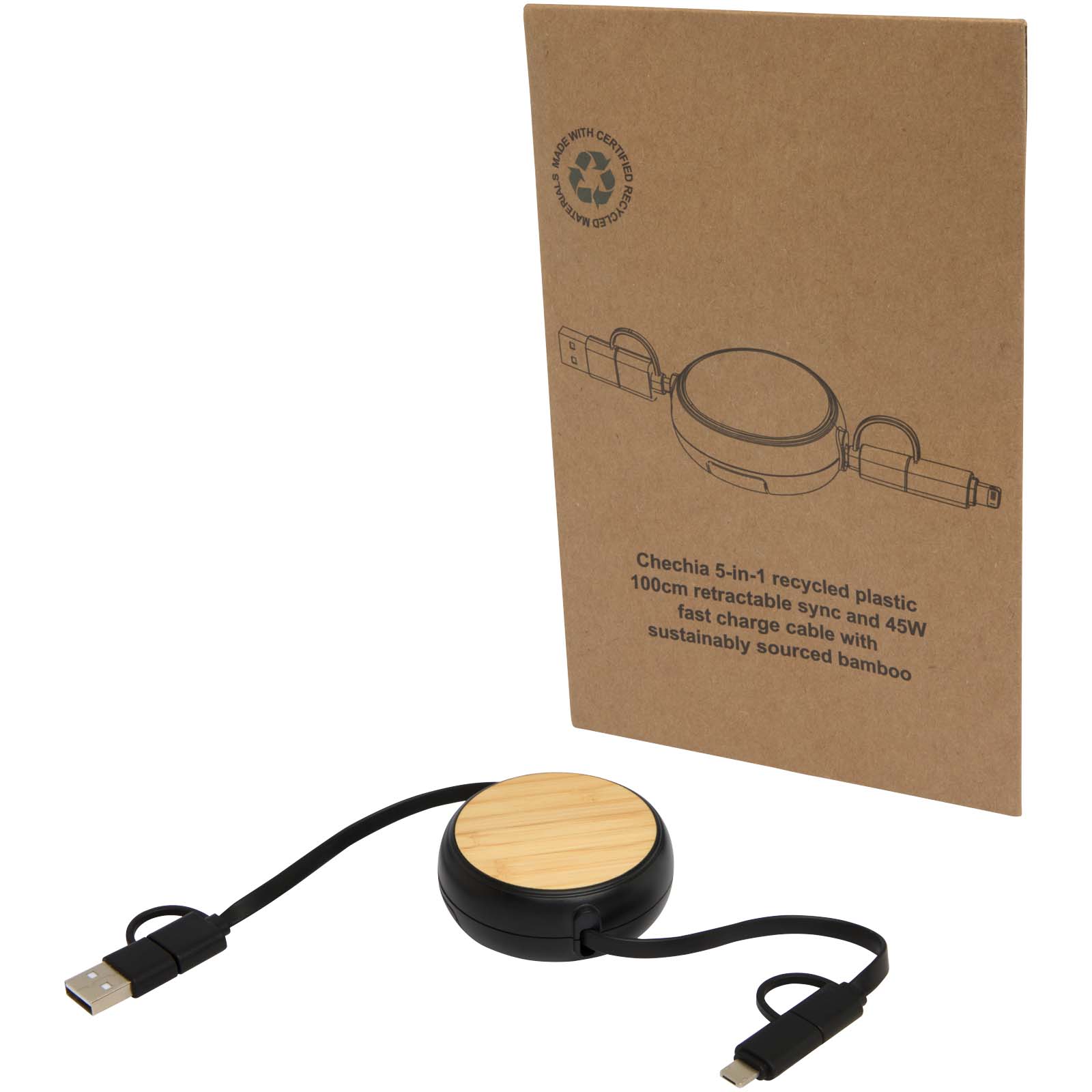 Câble rétractable 5 en 1 Chechia de 100 cm en plastique recyclé pour la synchronisation des données et la charge rapide de 45 W