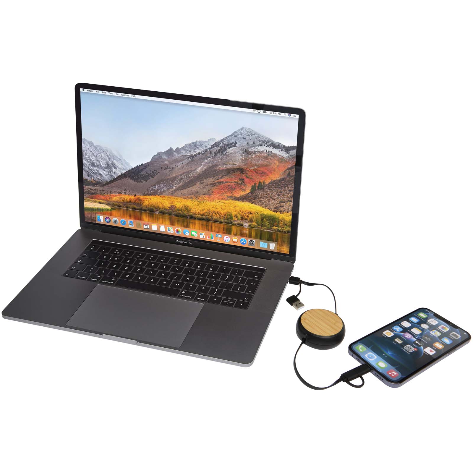 Câbles publicitaires - Câble rétractable 5 en 1 Chechia de 100 cm en plastique recyclé pour la synchronisation des données et la charge rapide de 45 W - 6