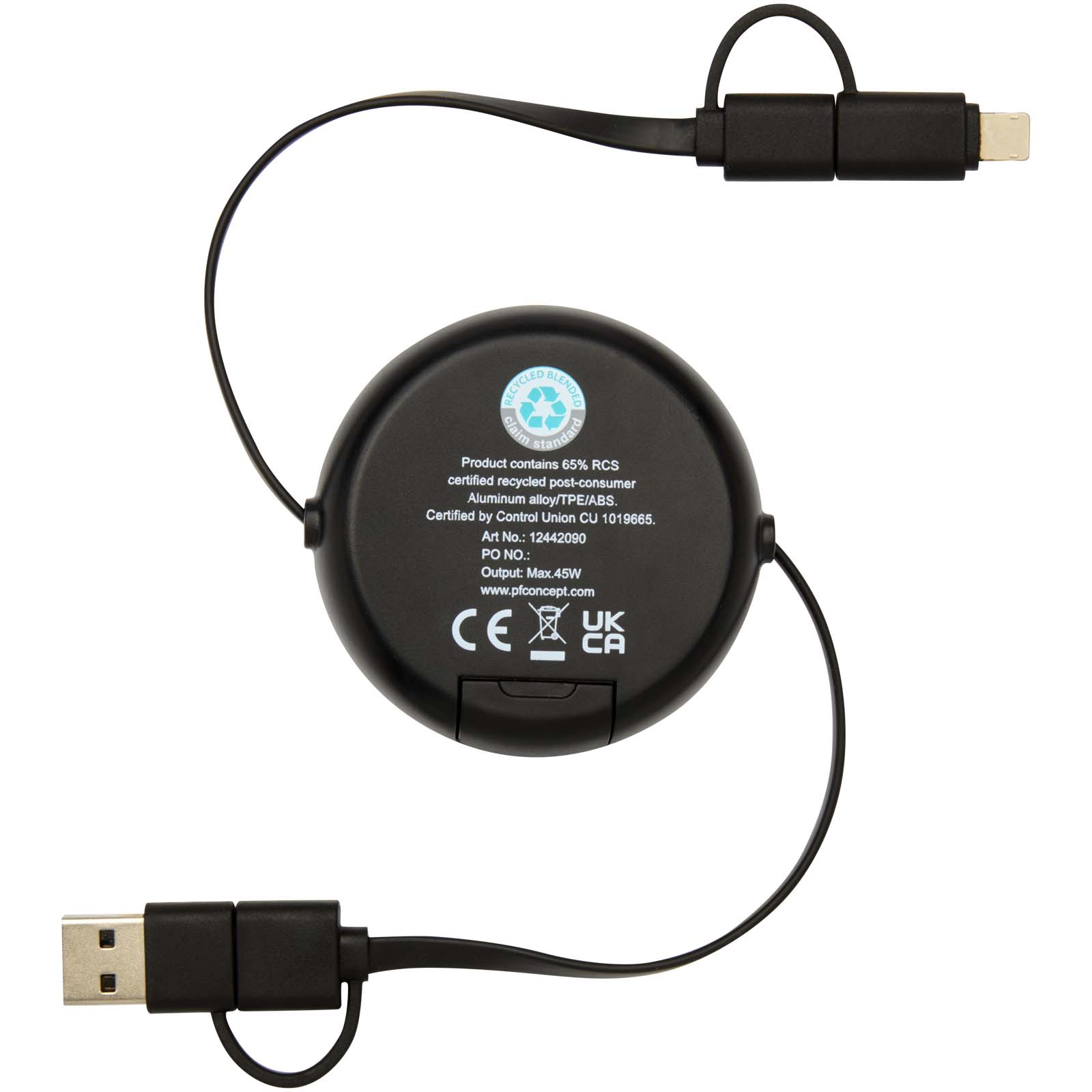 Câbles publicitaires - Câble rétractable 5 en 1 Alasia de 100 cm en plastique recyclé et aluminium pour la synchronisation des données et la charge rapide de 45 W - 3