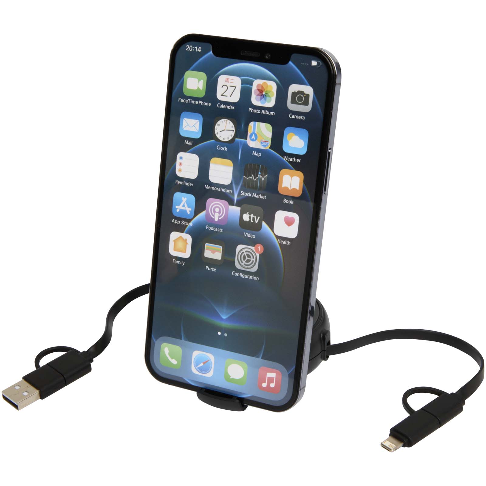 Câbles publicitaires - Câble rétractable 5 en 1 Alasia de 100 cm en plastique recyclé et aluminium pour la synchronisation des données et la charge rapide de 45 W - 5