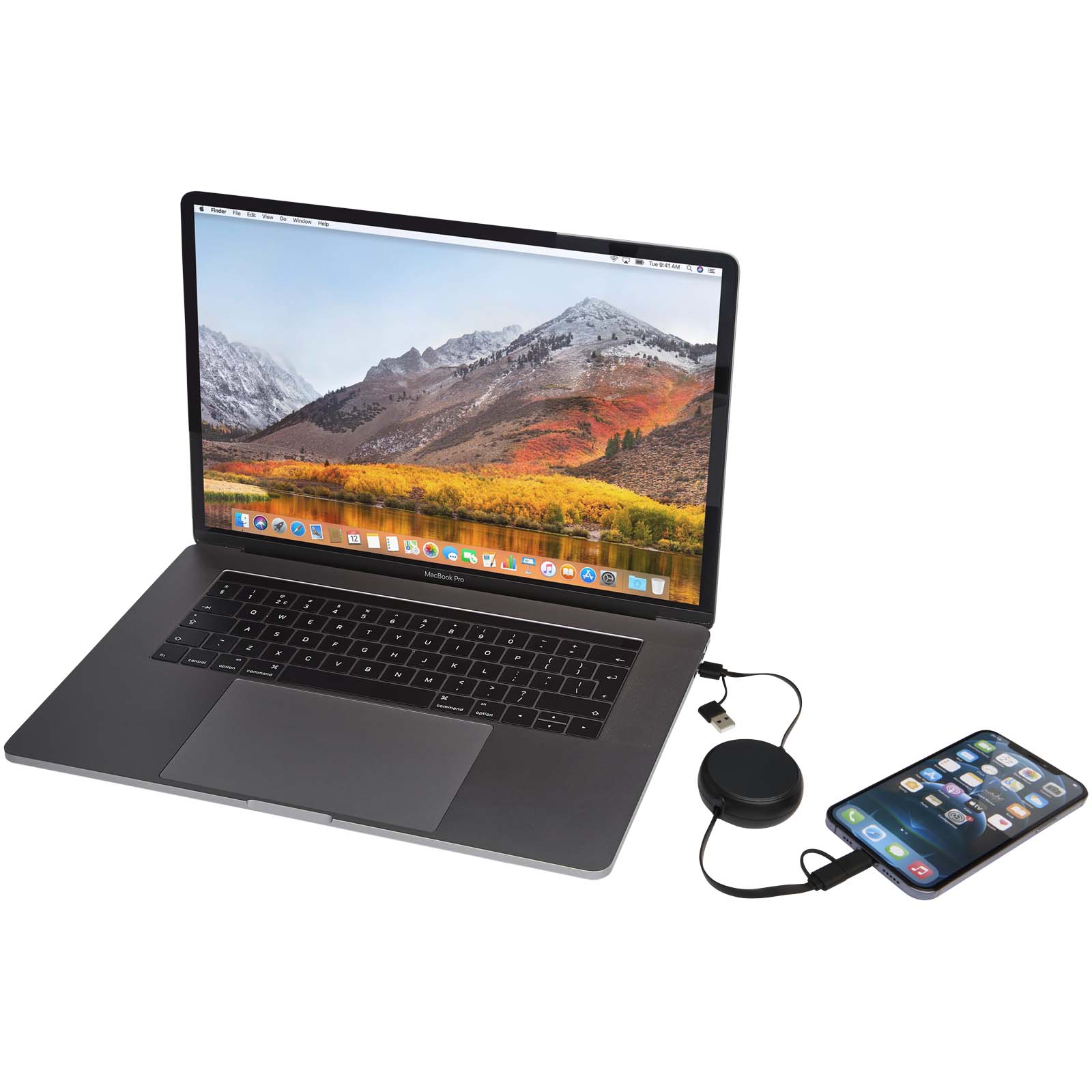 Câbles publicitaires - Câble rétractable 5 en 1 Alasia de 100 cm en plastique recyclé et aluminium pour la synchronisation des données et la charge rapide de 45 W - 6