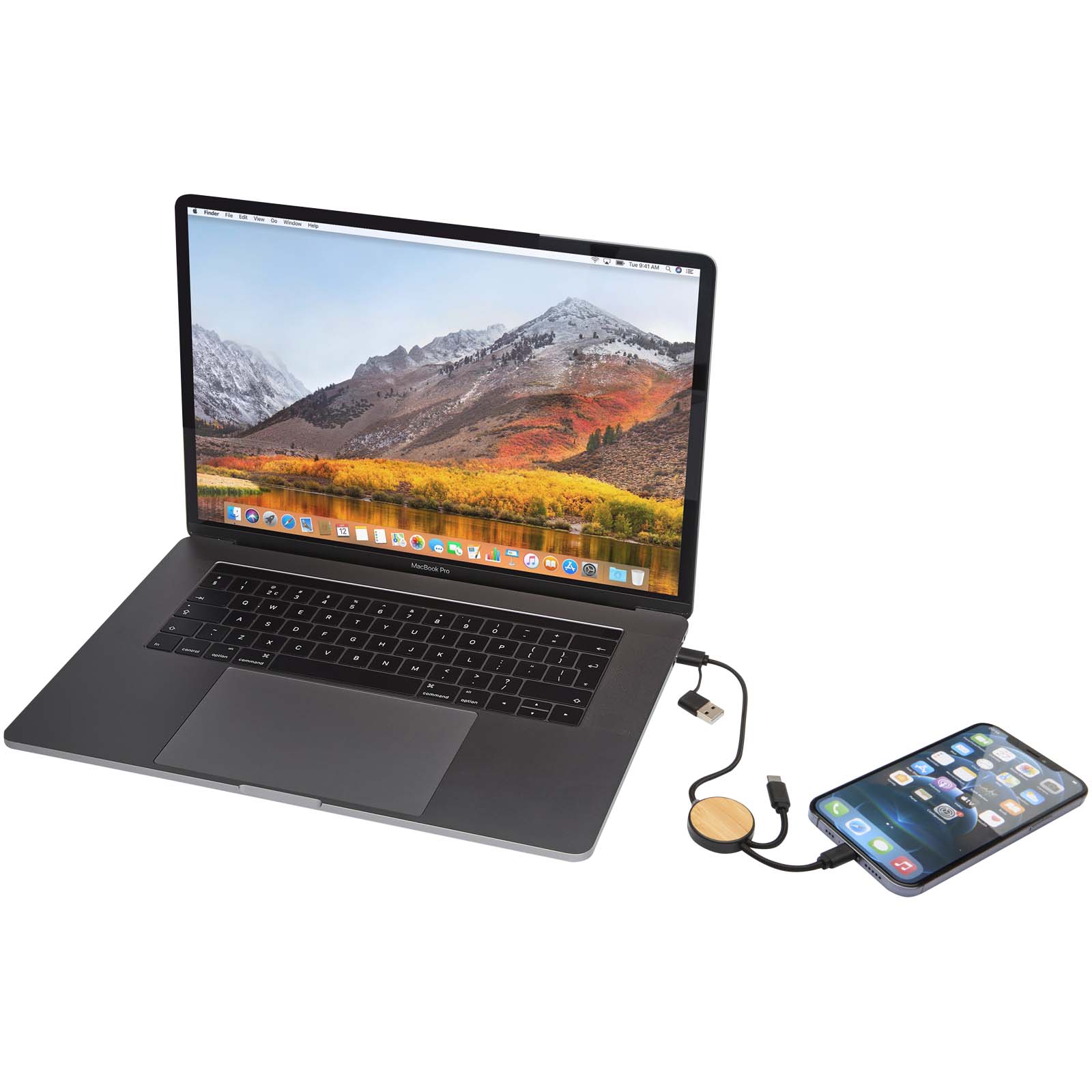 Câbles publicitaires - Câble 5 en 1 Chechia en plastique recyclé de 30 cm pour la synchronisation des données et la charge rapide de 27 W avec détails en bambou - 6