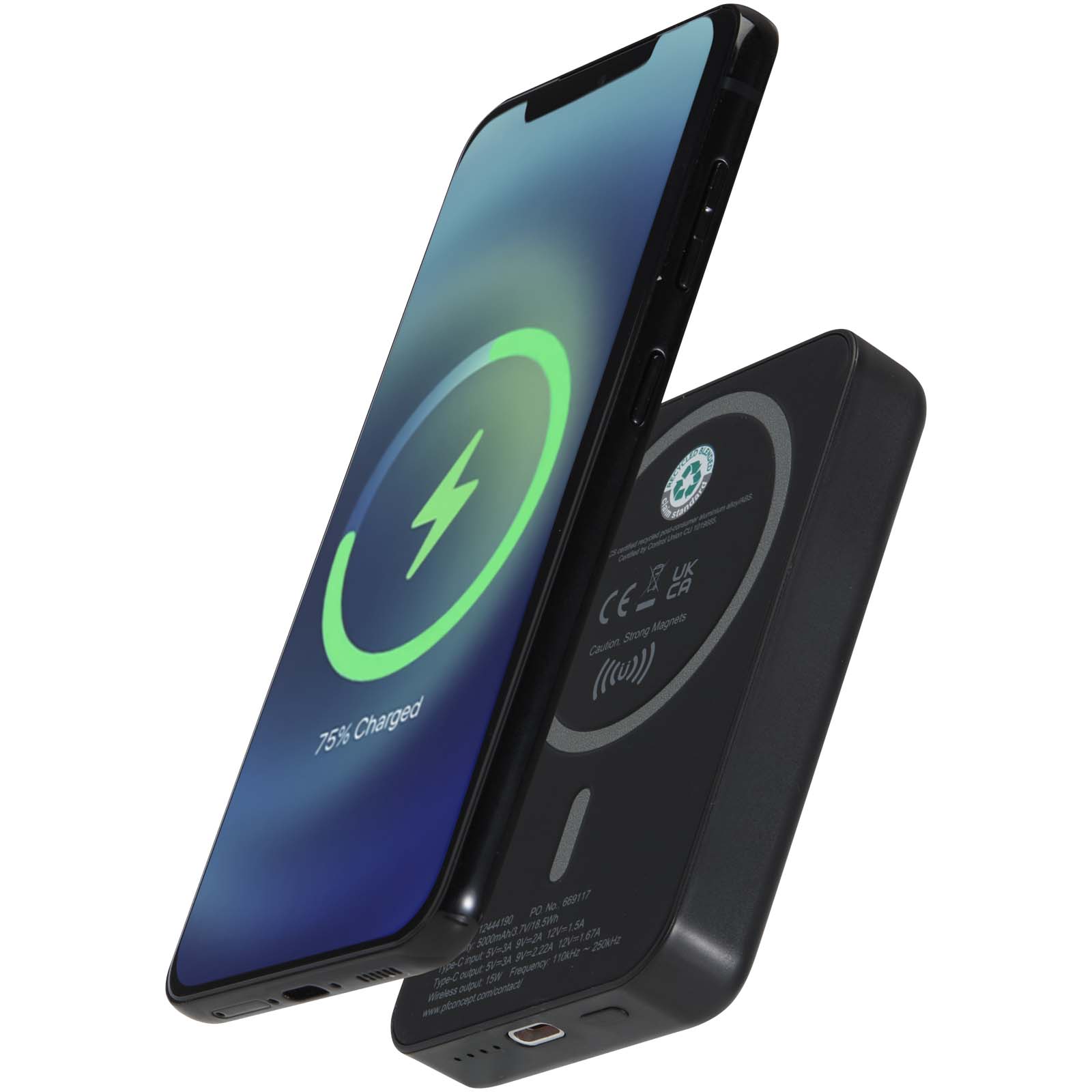 Batteries externes publicitaires - Batterie de secours Acrab magnétique sans fil de 5 000 mAh et 15 W avec PD de 20 W - fabriquée en plastique recyclé