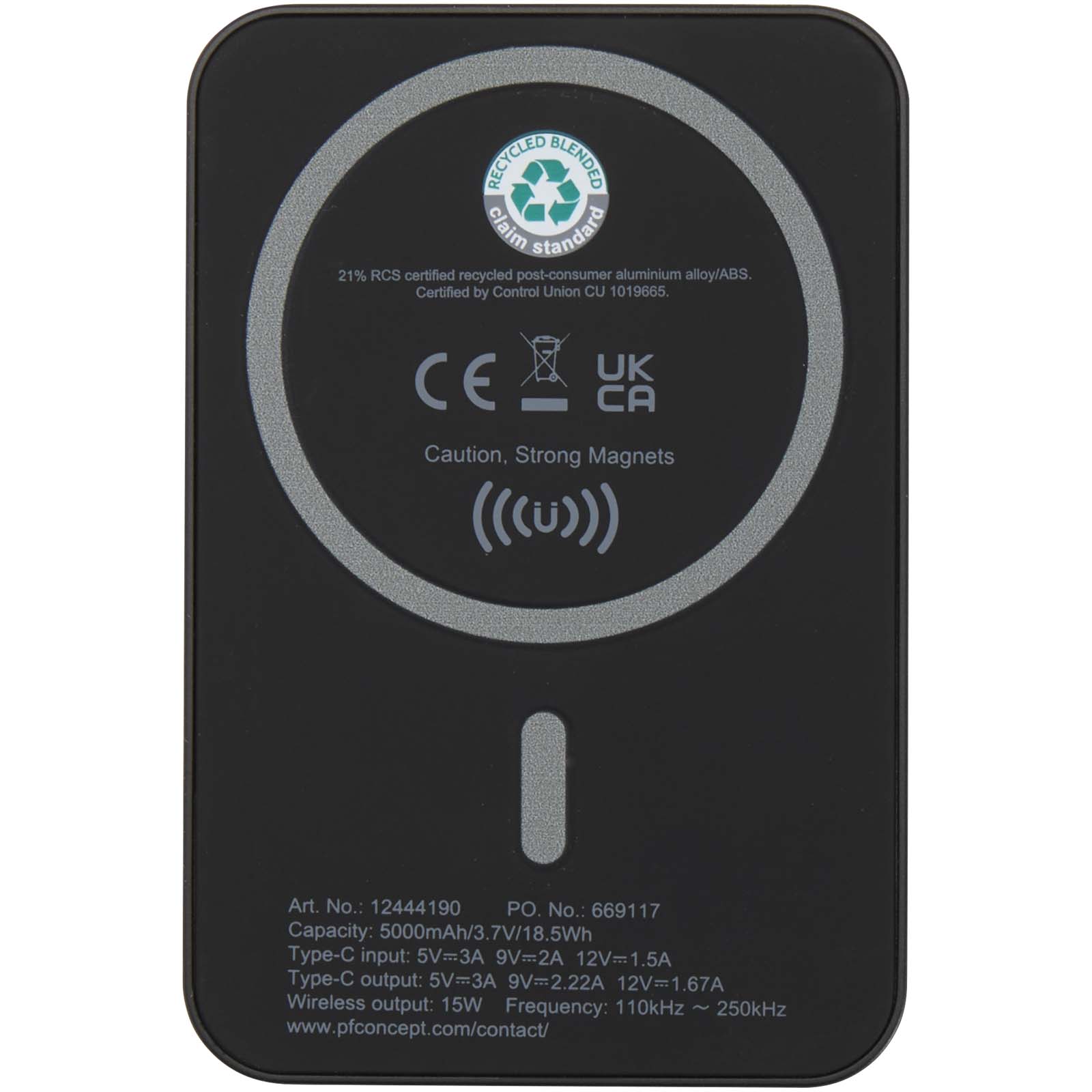 Batteries externes publicitaires - Batterie de secours Acrab magnétique sans fil de 5 000 mAh et 15 W avec PD de 20 W - fabriquée en plastique recyclé - 3