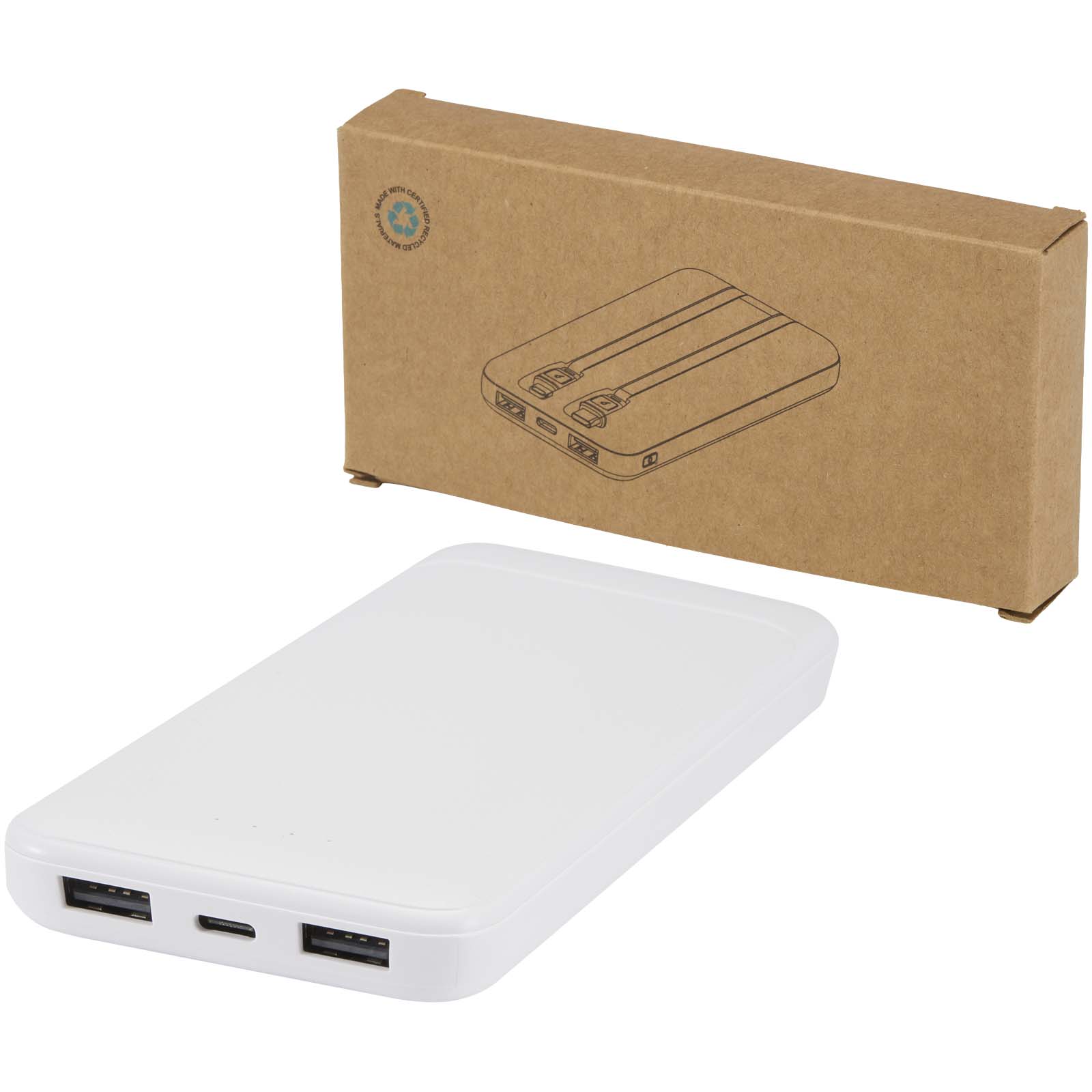 Batterie de secours Adhil de 10 000 mAh et 10 W en plastique recyclé avec 2 câbles intégrés