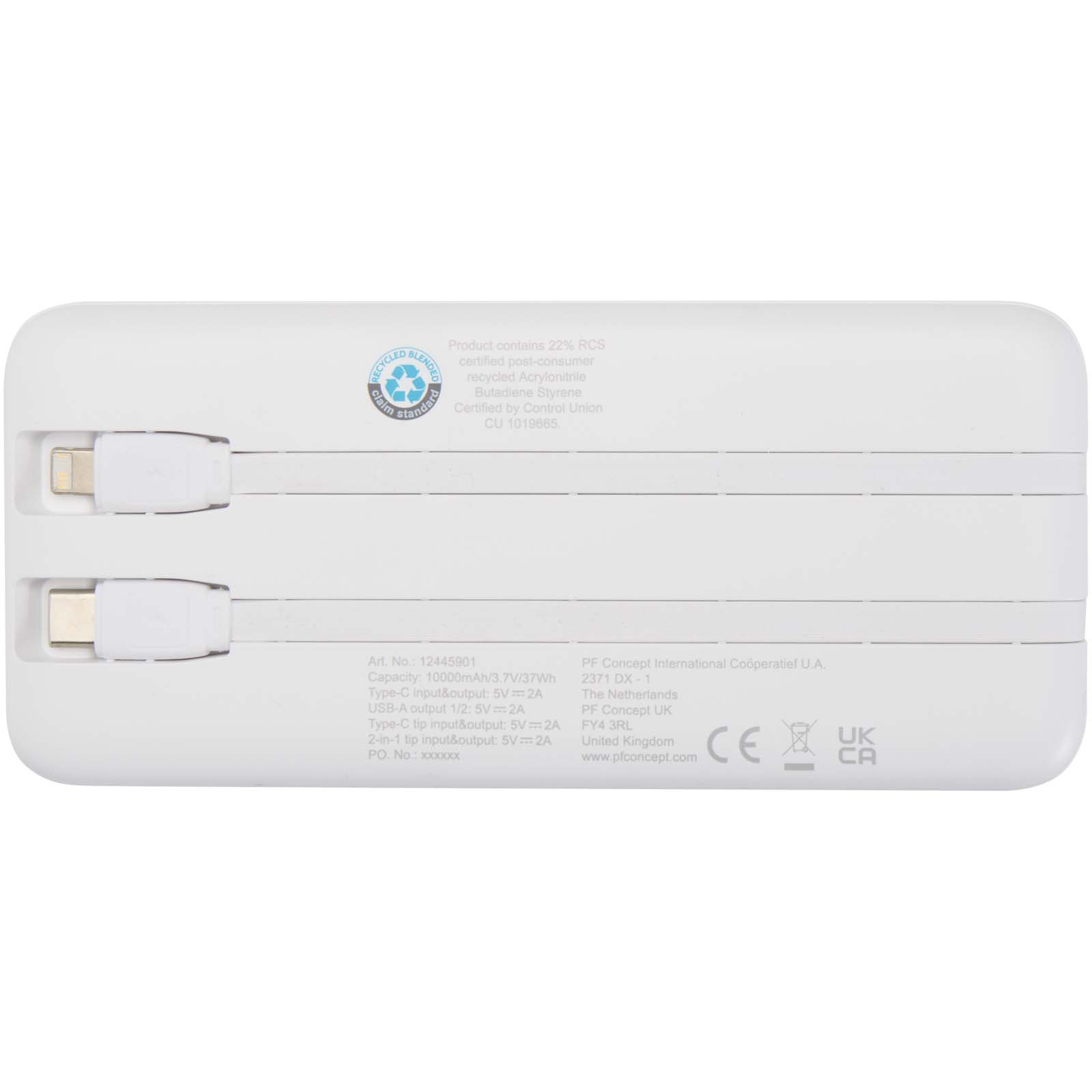 Batteries externes publicitaires - Batterie de secours Adhil de 10 000 mAh et 10 W en plastique recyclé avec 2 câbles intégrés - 3