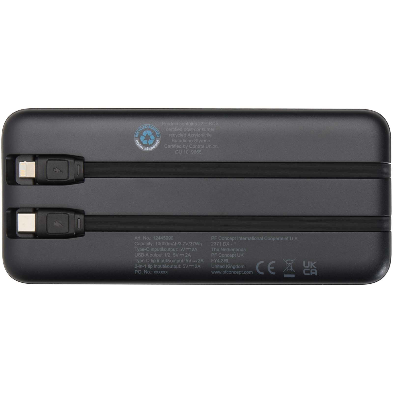 Batteries externes publicitaires - Batterie de secours Adhil de 10 000 mAh et 10 W en plastique recyclé avec 2 câbles intégrés - 3