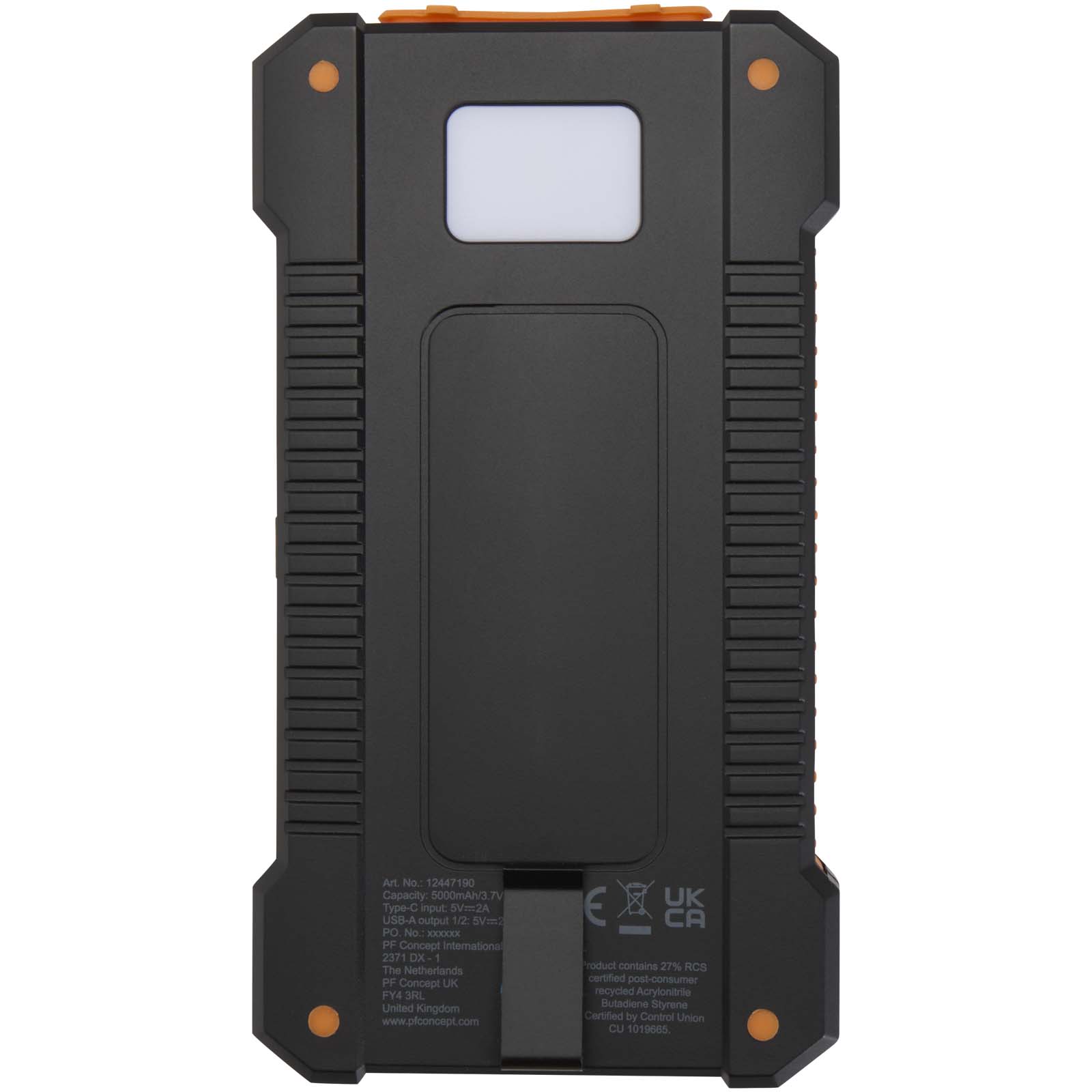 Batteries externes publicitaires - Batterie de secours solaire Altair robuste de 5 000 mAh et 10 W en plastique recyclé avec lampe de poche intégrée - 3