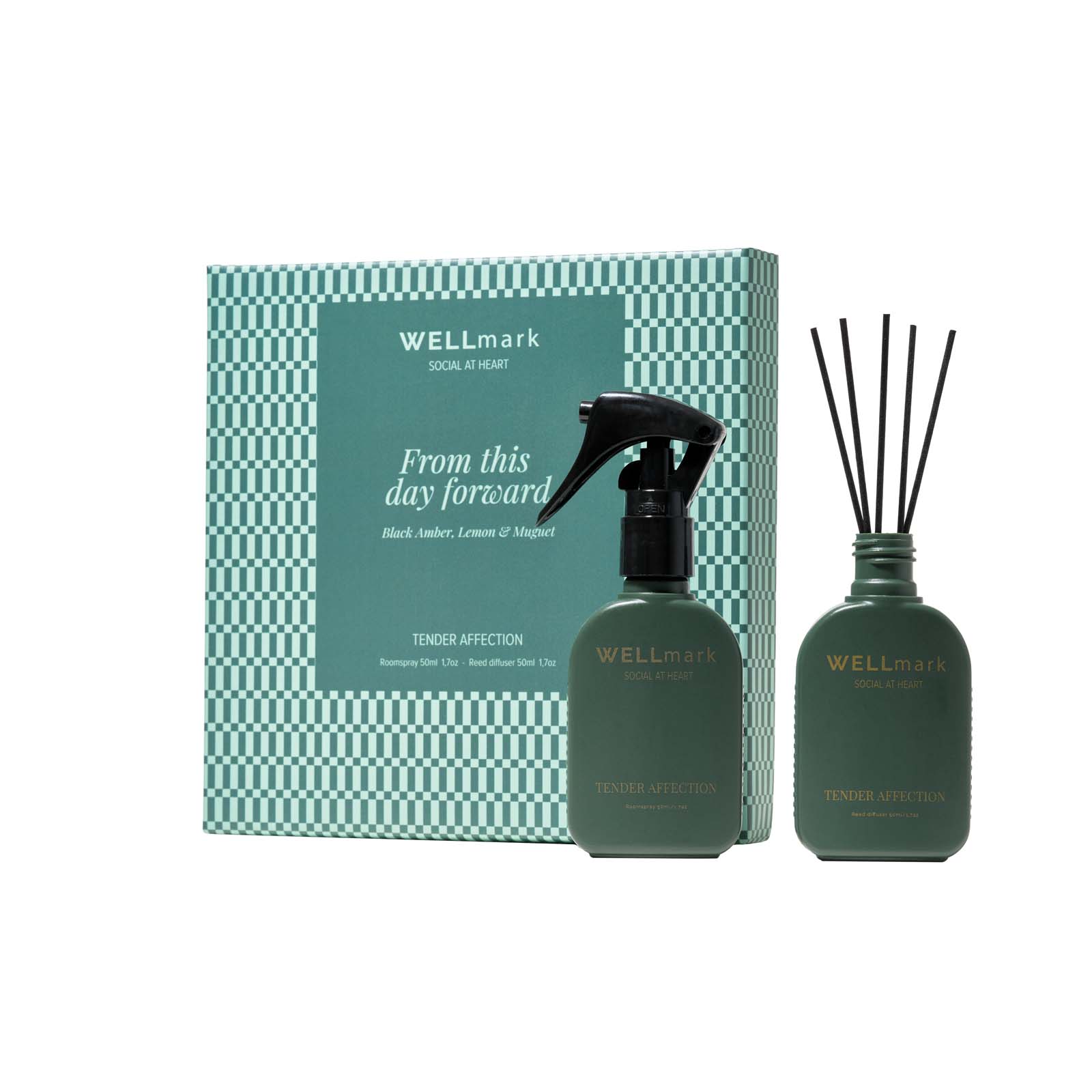 Accessoires pour la maison publicitaires - Coffret cadeau Wellmark Tender Affection comprenant un vaporisateur d'ambiance de 50 ml et un diffuseur de 50 ml