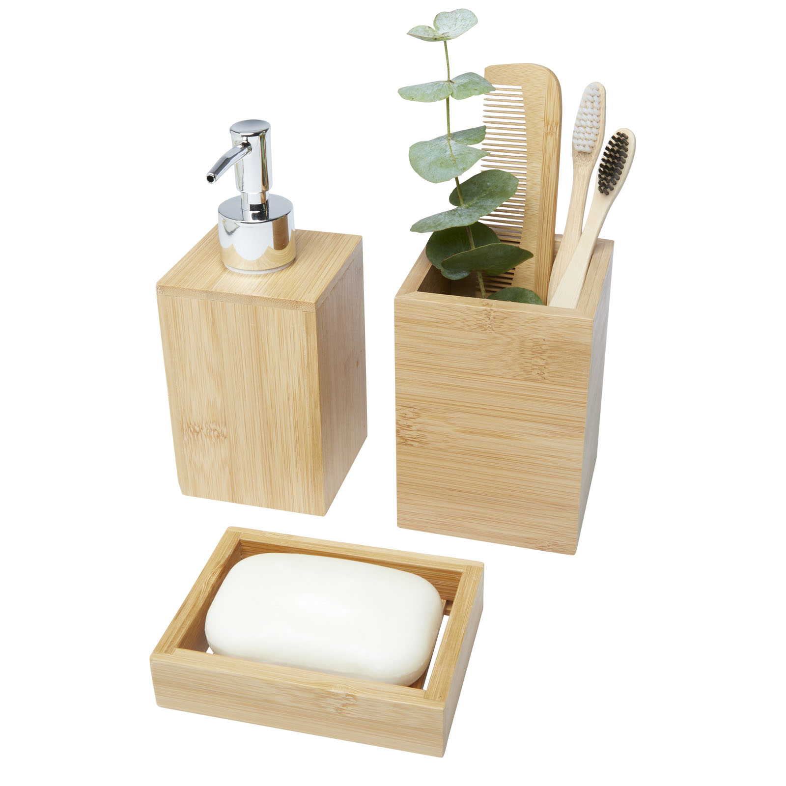 Accessoires pour la maison publicitaires - Ensemble 3 pièces pour salle de bains Hedon en bambou - 2