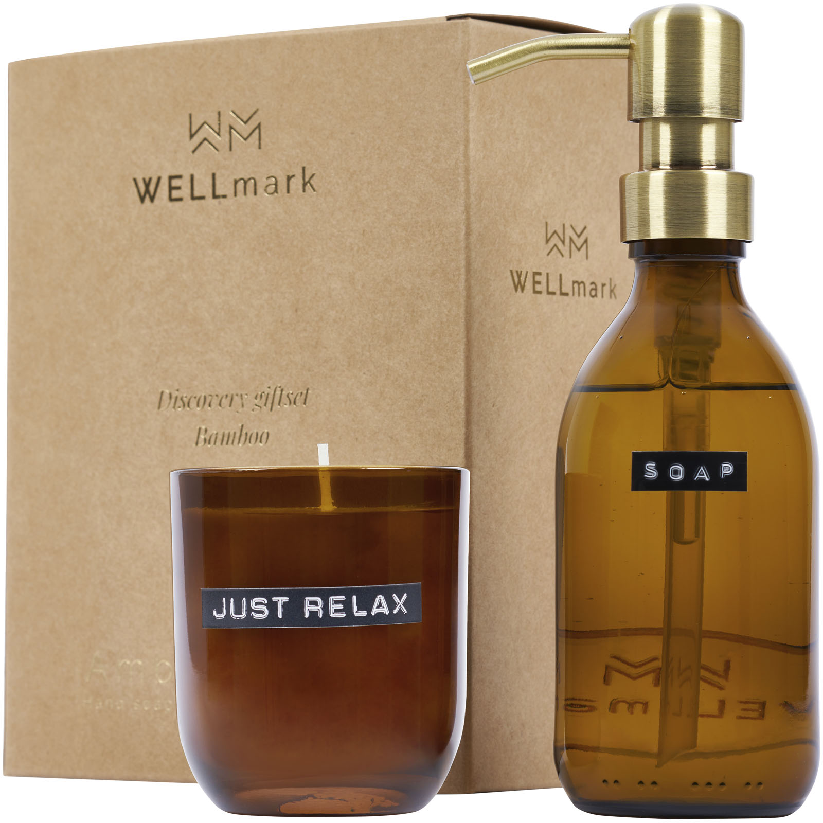 Personal Care - Wellmark Discovery 200 ml hand soap dispenser and 150 g scented candle set - bamboo fragrance
