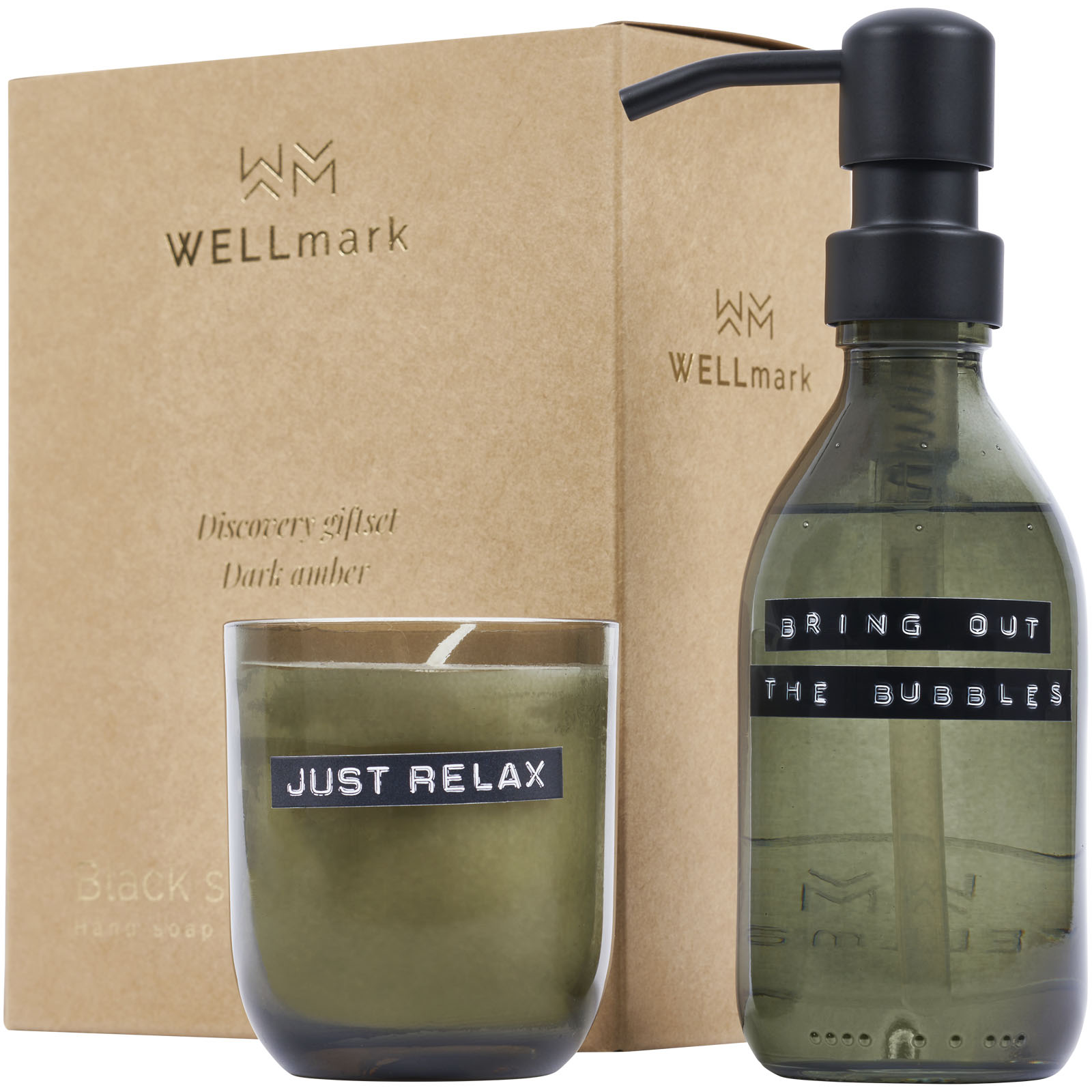 Advertising Personal Care - Wellmark Discovery 200 ml hand soap dispenser and 150 g scented candle set - dark amber fragrance