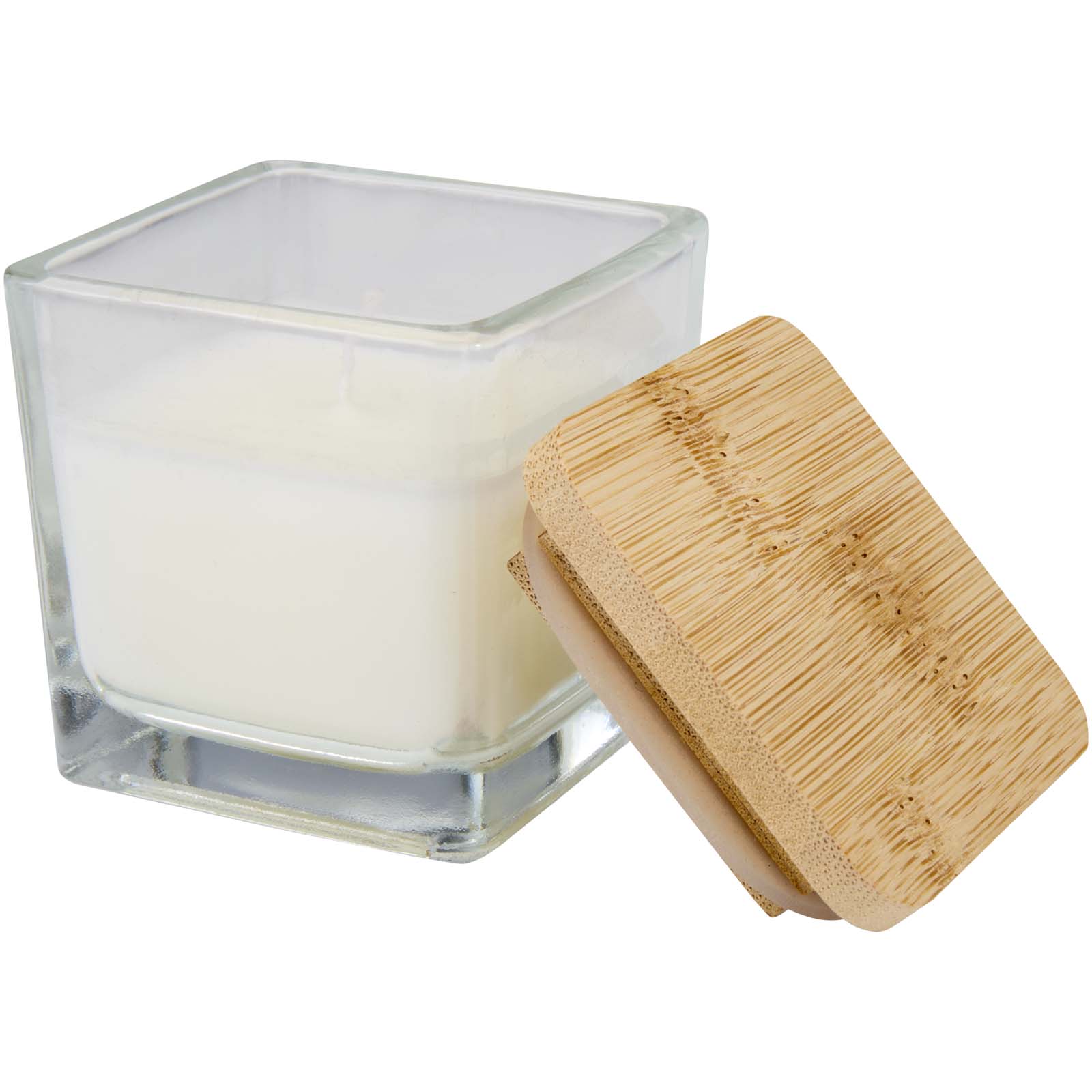 Bougie carrée Ambra en verre avec couvercle en bambou