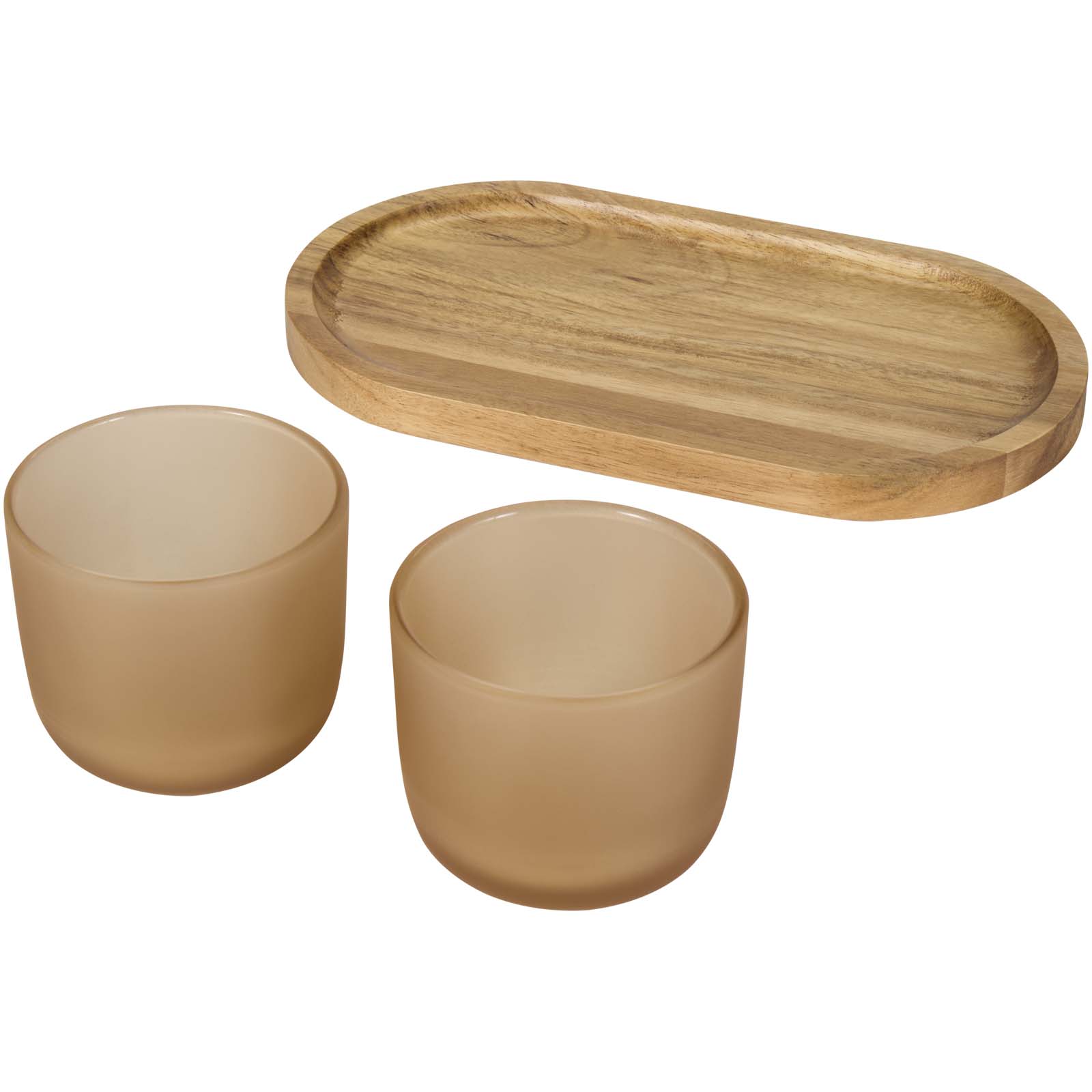 Verres et carafes publicitaires - Plateau de service en bois et tasses en verre Male - 3