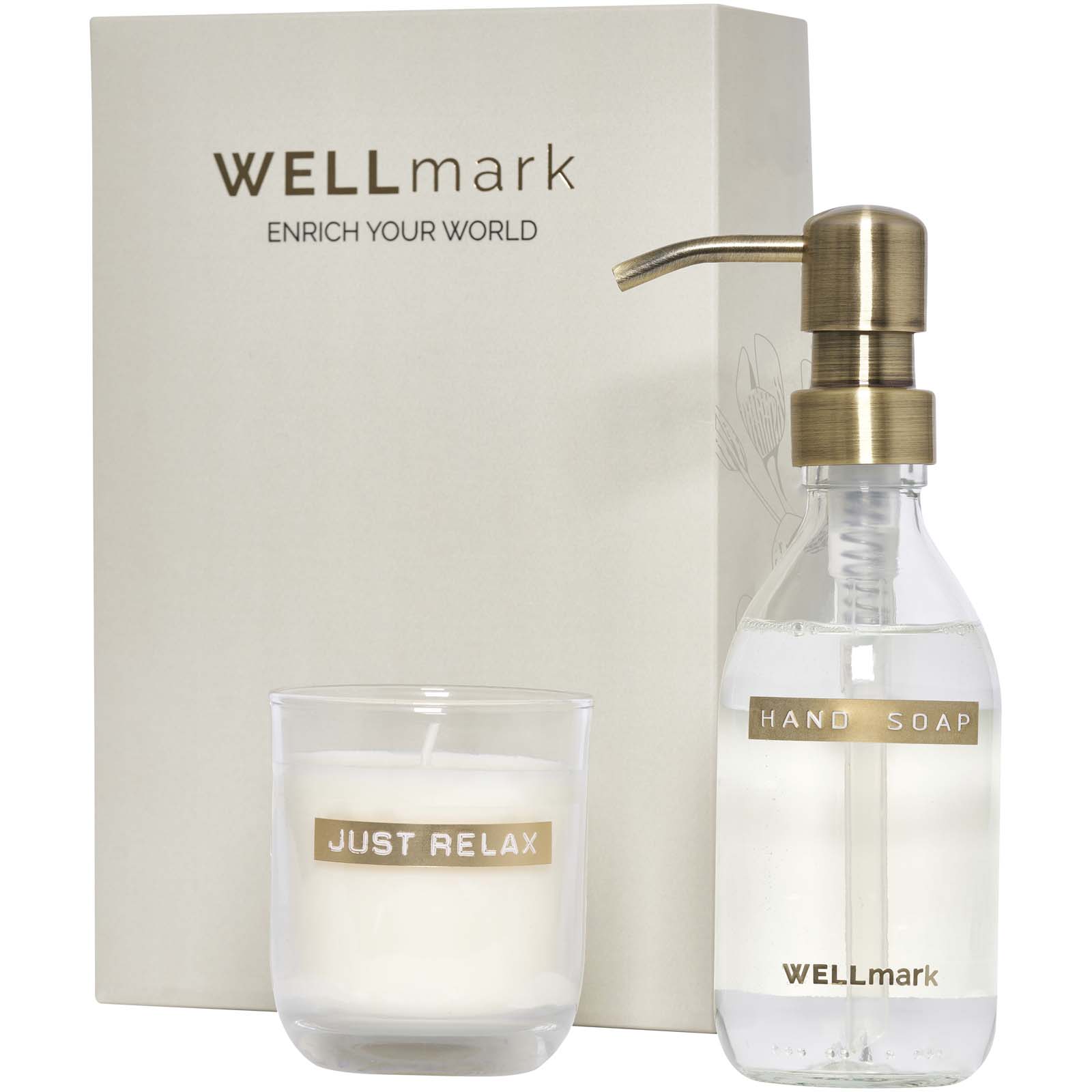 Distributeur de savon pour les mains de 250 ml et ensemble de bougies parfumées de 150 g Wellmark Discovery- parfum linge frais