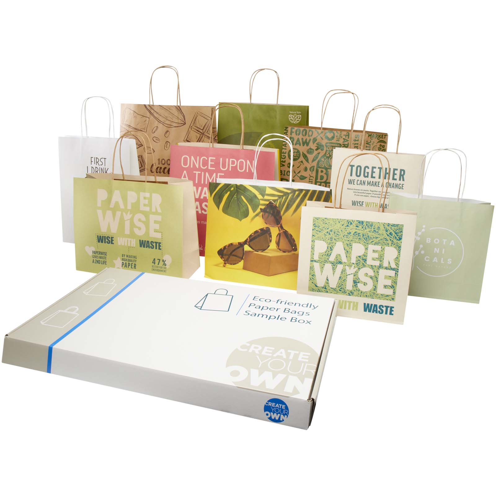 Sacs - Boîte d'échantillons de sacs en papier Kraft et fabriqués à partir de déchets agricoles
